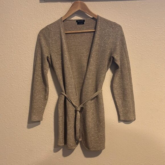 Massimo Dutti belted wrap cardigan sweater gold metallic and tan yarn size small - Picture 3 of 4